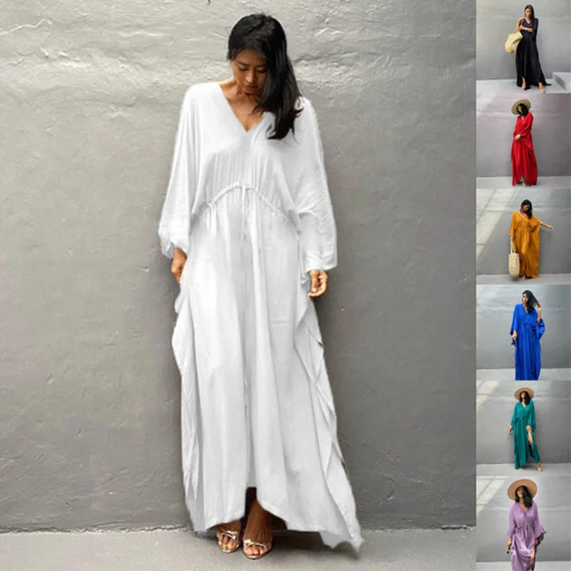 Loose Solid Drawstring waist Bikini Cover-ups Tunic Sexy V-neck Butterfly Sleeve Summer Beach Wear Maxi Dress Swimsuit Cover Up
