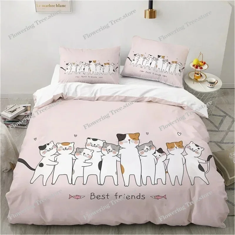 Cute Cartoon Animals Pink Toddler Bedding Set 3D Funny Cat Print Duvet Cover Twin Queen Size For Teens Kids Girls Bedroom Decor
