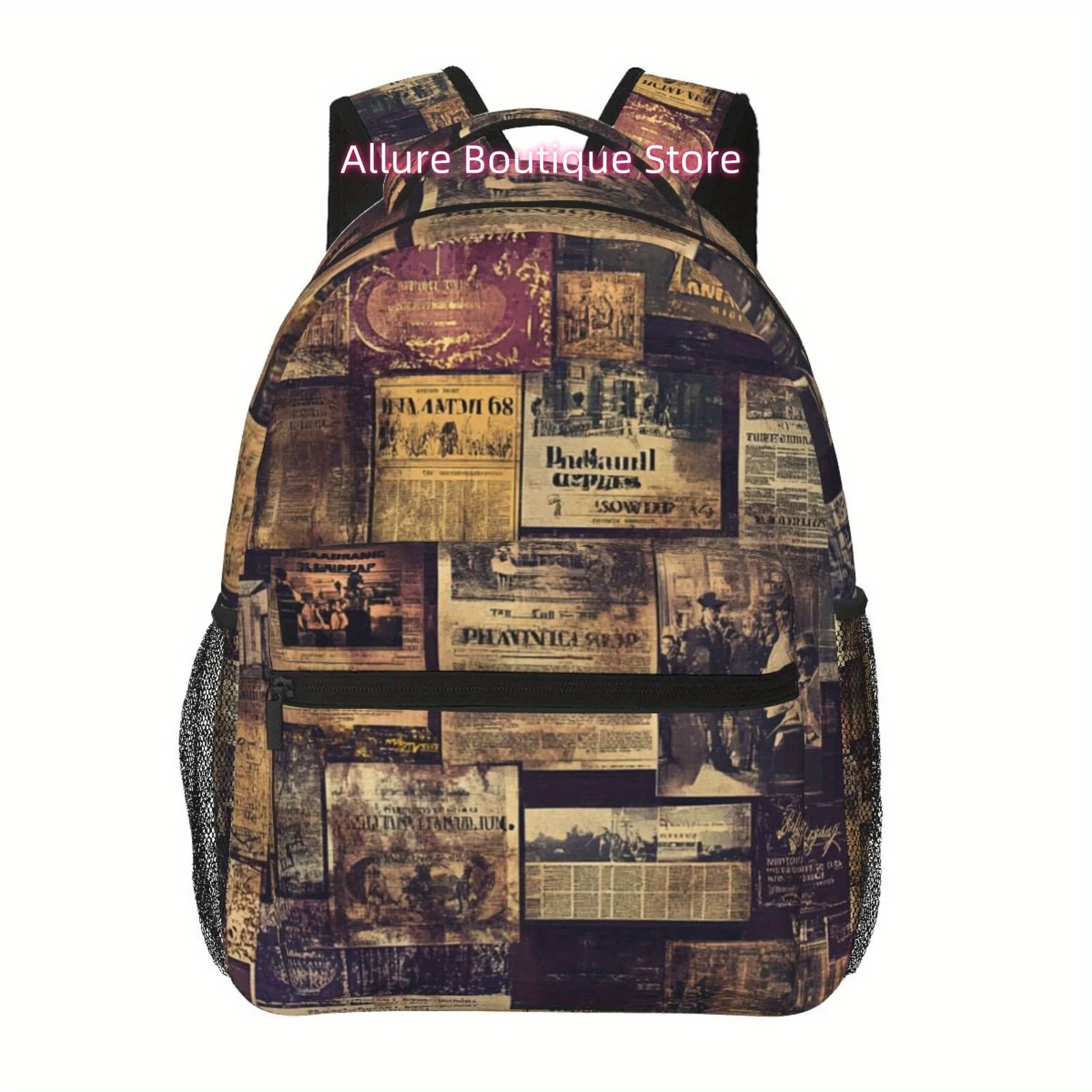 A Versatile And Stylish Casual Backpack Featuring Vibrant Prints of Vintage Newspaper Designs, This Lightweight Bag Is Perfect f