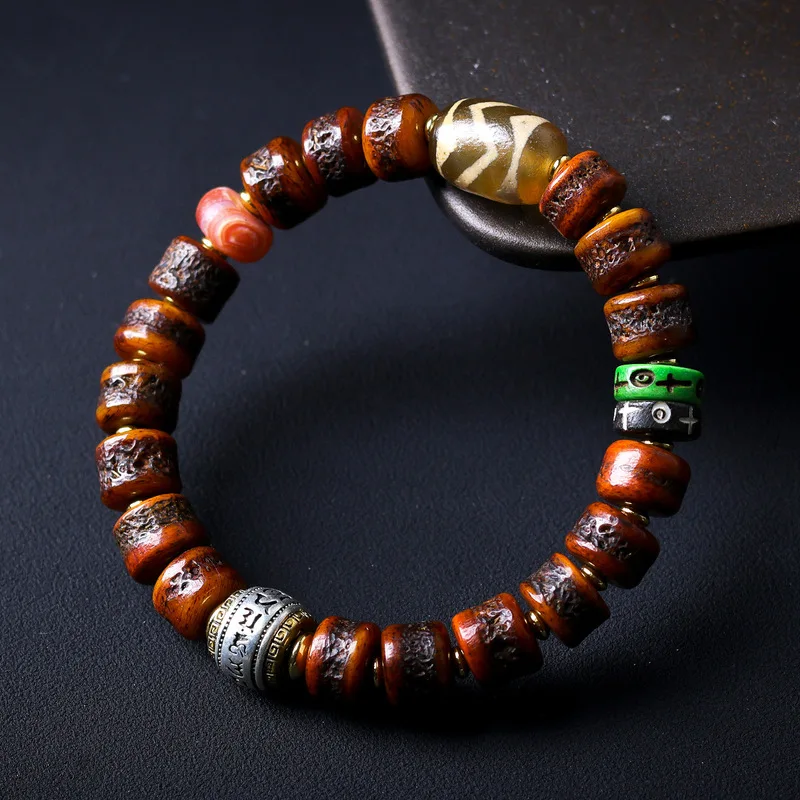 Tibetan cow skull bone double tiger tooth dzi bead bracelet with calcified agate and six-character mantra ethnic bracel