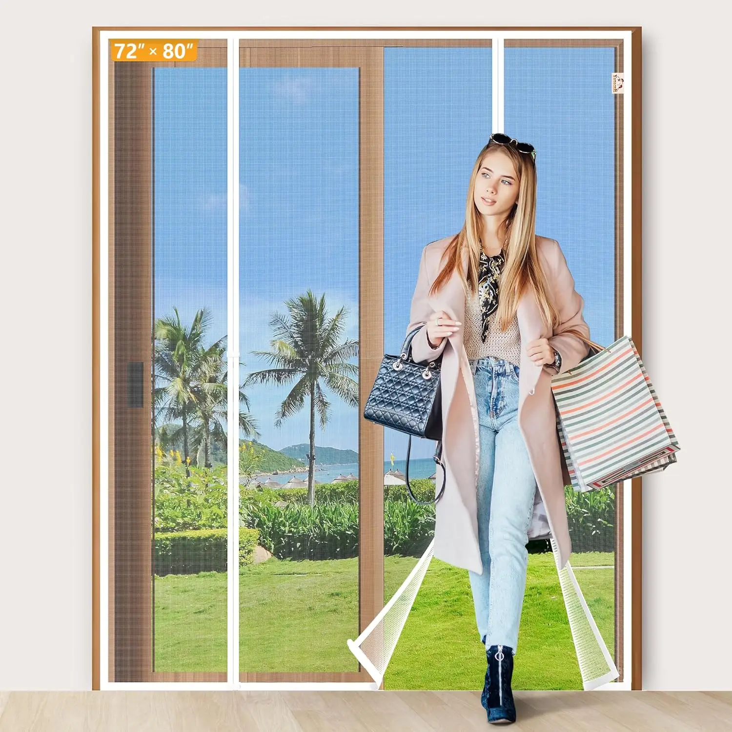 

White Magnetic Screen Door Fit 72" x 80" Doors, Screen Size 74" x 81" Double Door Net Curtain for Sliding Door