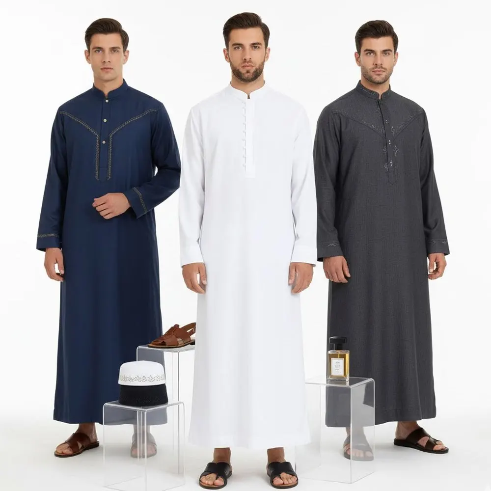 رداء إسلامي للرجال، صورة ظلية فضفاضة بياقة واقفة ورقبة دائرية، ملابس تقليدية عربية كلاسيكية في الشرق الأوسط للارتداء اليومي