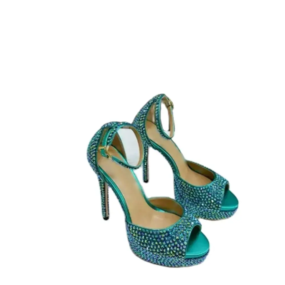 Green Peep Toe Crystal Studded Sandals Ankle Buckle Shoes for Women High Heels Stilettos Wedding Shoes on Heel Zapatillas Mujer