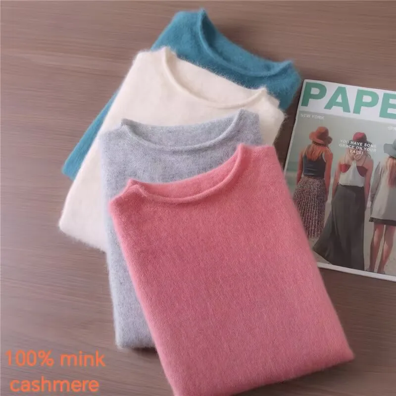 2025 Autumn Winter Rolled Collar 100% Mink Cashmere Women's Pullover Fashionable Loose Fit Knitted Sweater Highend Koreanversion