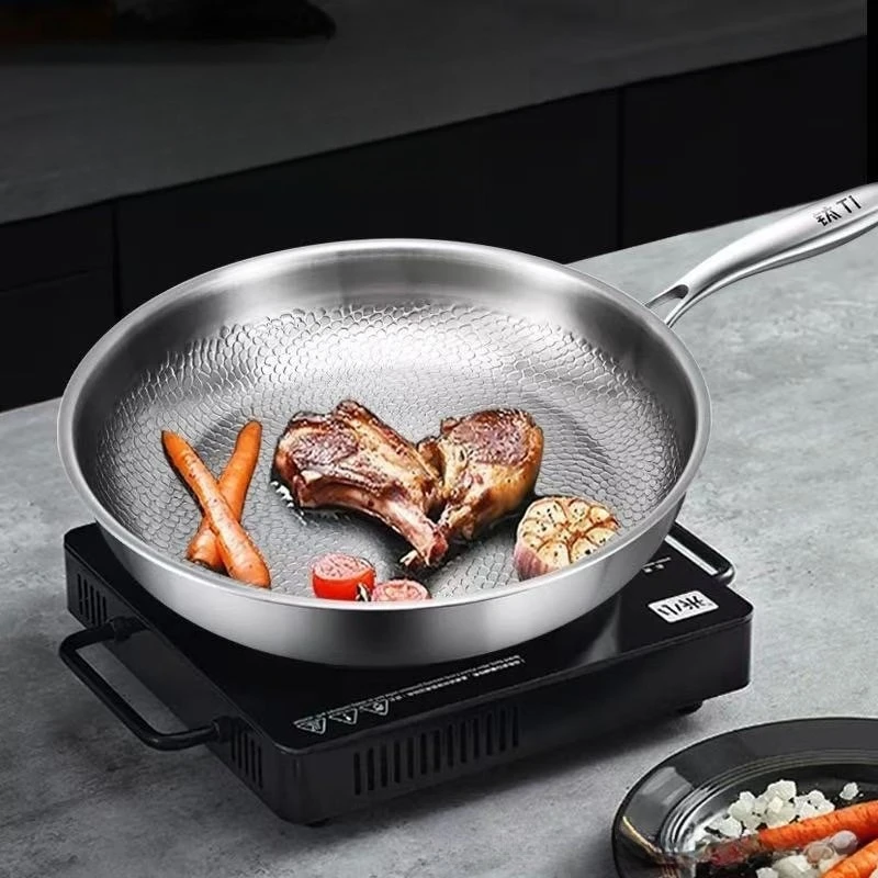 

Flat Bottom Pan No Coating Hammered Frying Pan Steak Skillet Home Use Wok Stainless Steel Non Stick Iron Cookware Cooking Pot