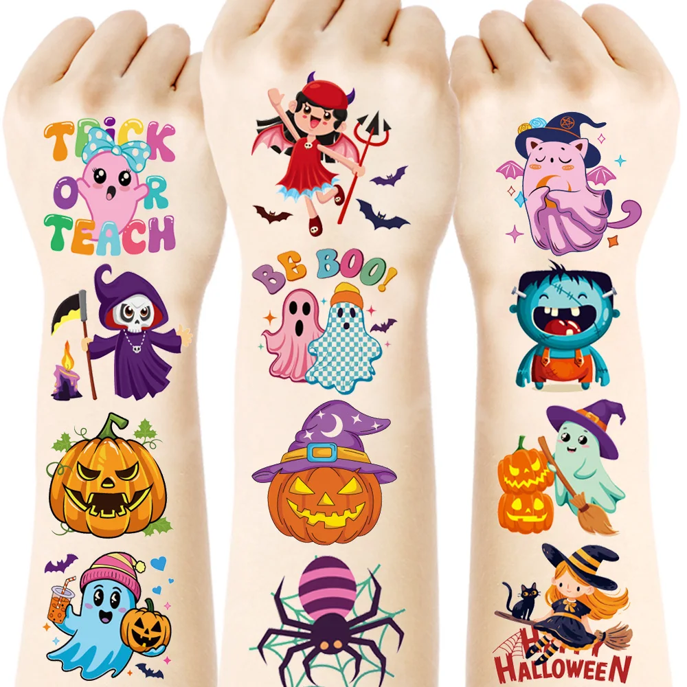 30 Sheets Halloween Temporary Tattoos, Cute Pumpkin Ghost Bat Spider Witch Patterns, Party Favors Gifts, Masquerade Prank Props
