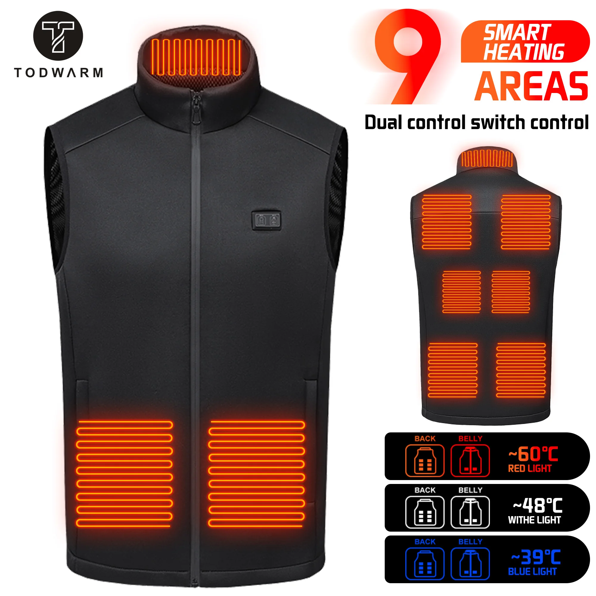 TODWARM Winter Heated Vest Warm men USB Areas Heated Electric Heating Jacket Body Outdoor Heating Pad Fish Hiking Heating Vest