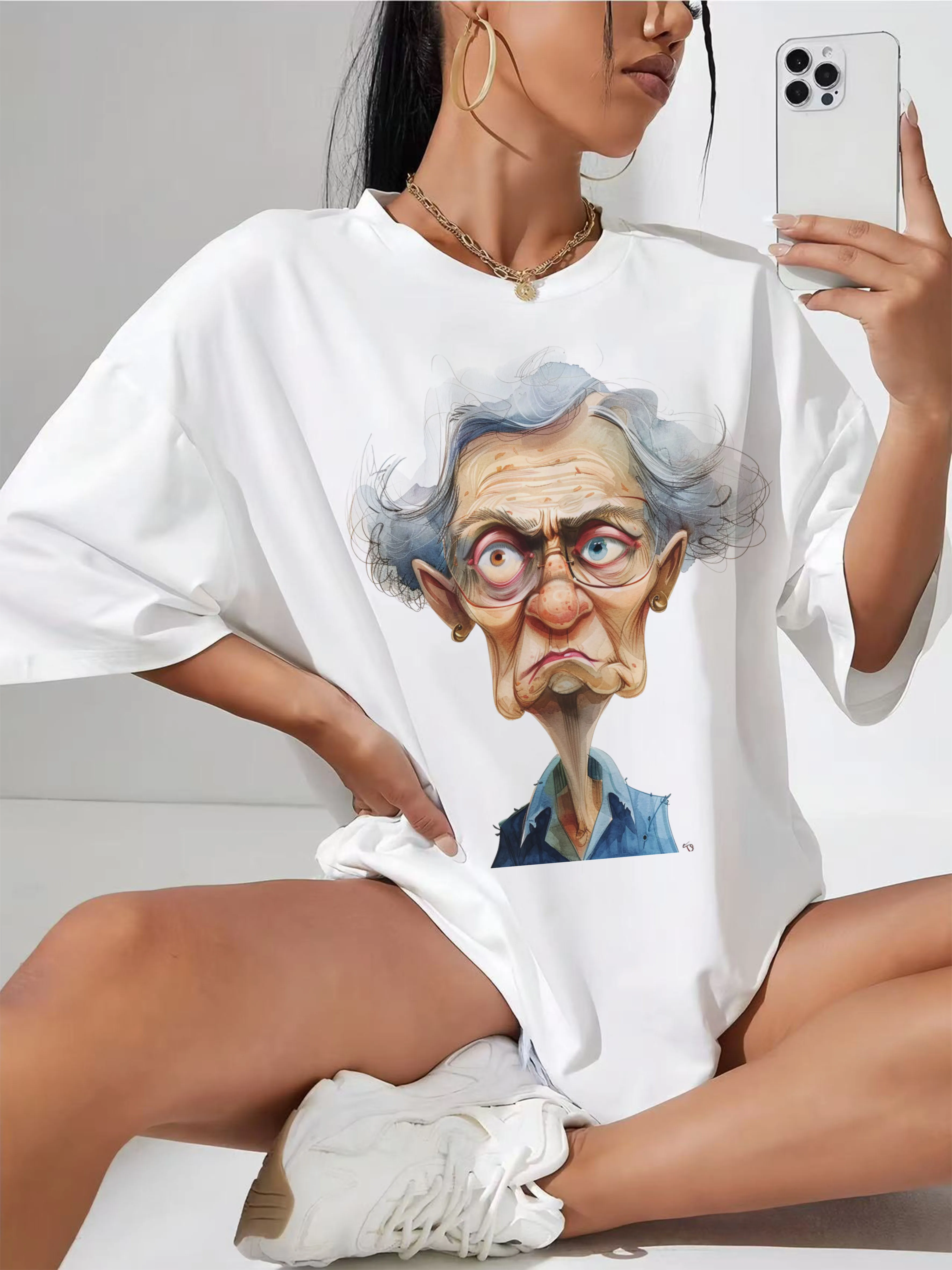 

Quirky-Whimsical-Crazy-Grandma-Clipart Loose Fit White Women's Tee Relaxed Stylish and Comfortable for Summer Festival Wear
