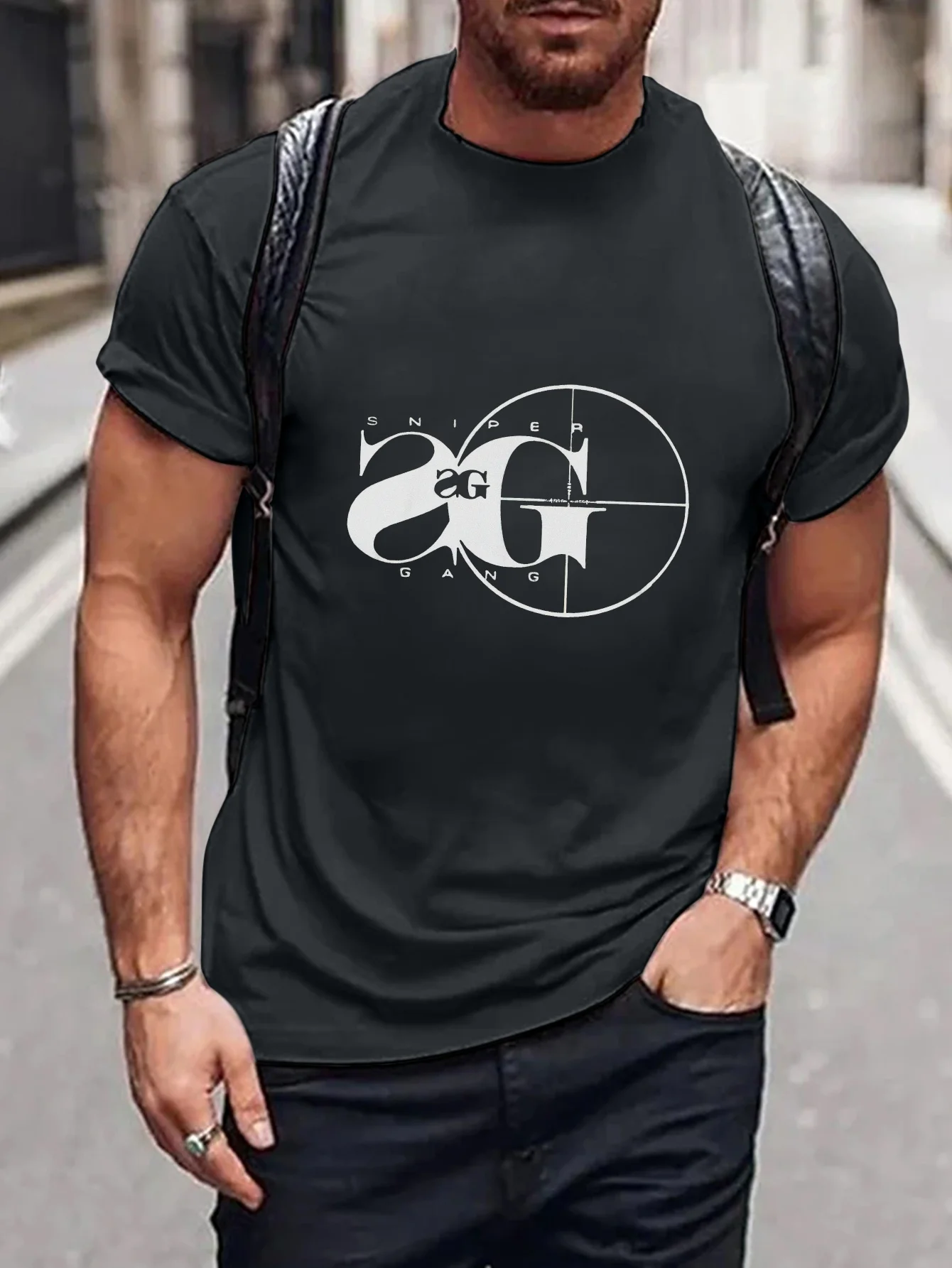 T-shirt Slogan Sniper Gang Print pour homme, manches courtes, style de rue américain, carillon, décontracté, col rond, t-shirt pour homme à Sprin