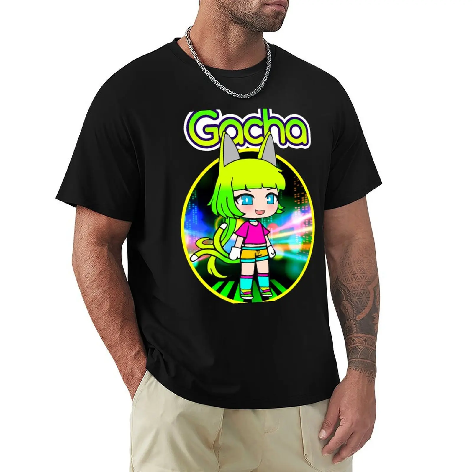 

Gacha life Lado in the neon city T-Shirt man clothes blue archive compression shirt men