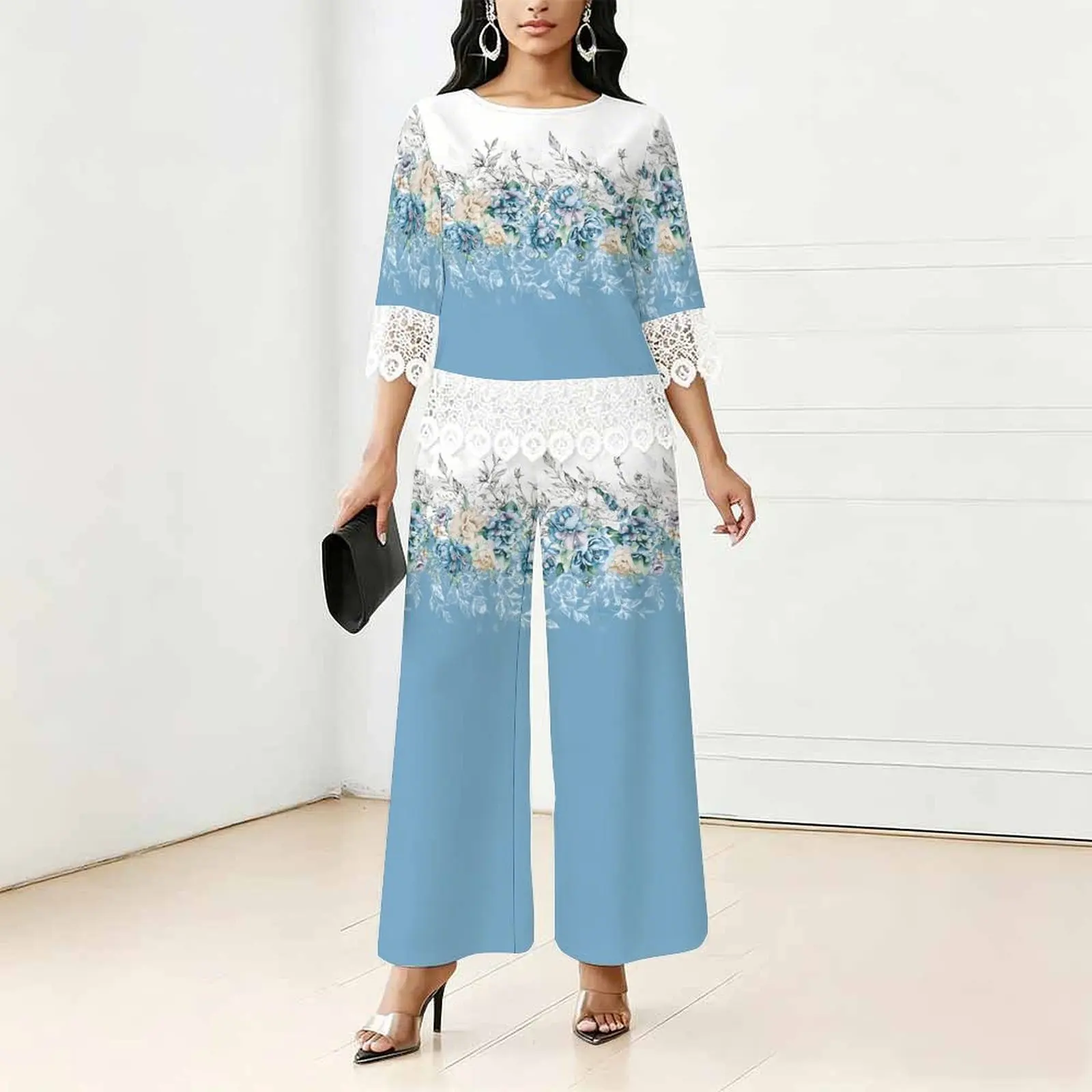 Spring/Summer Women's Casual Loose Set, Round-neck Lace Top + Long Wide Leg Pants, Suitable for Office Wear