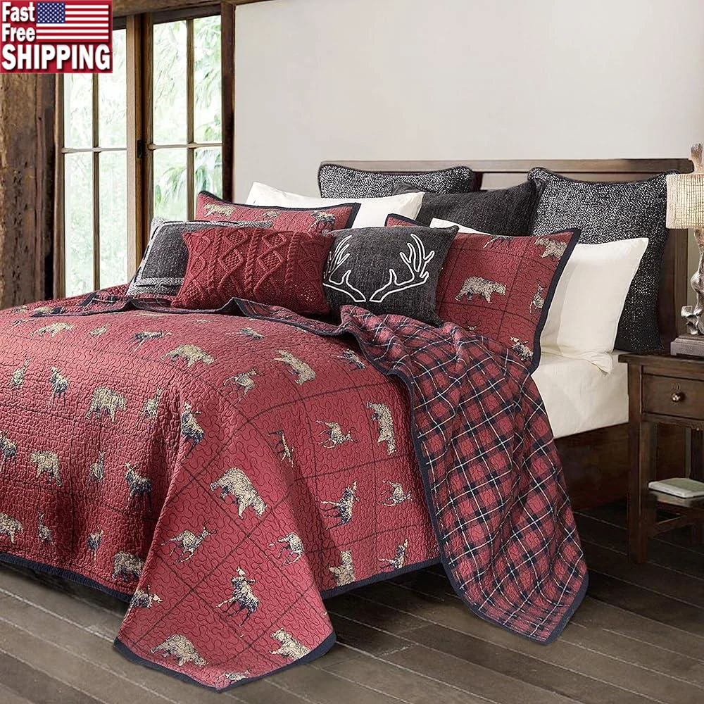 Woodland 3 Piece King Quilt Set with Pillow Shams Cotton Plaid Reversible Bed Cover Bear Moose Print Rustic Bedding