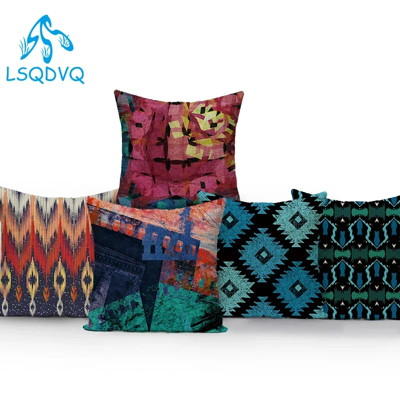 Decorative Throw Pillows Covers Cotton Linen Abstract Geometric Colorful Square Sofa Home Cushion Cover For Living Room Cojines