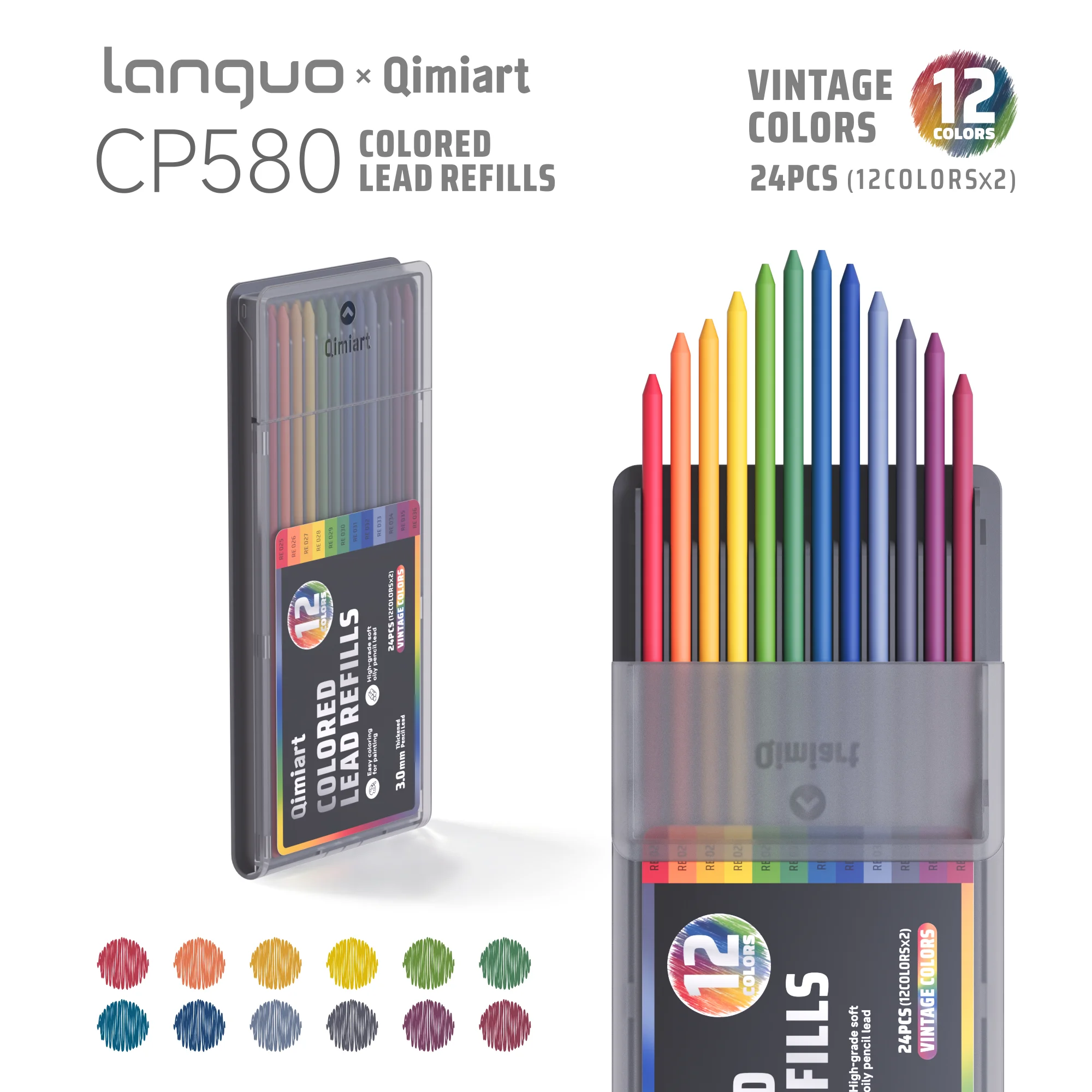Languo 12 Kleuren Intrekbare Kleurpotloodset, 3,0 mm Dikke Oliebasis Potloodstift, voor Handtekenen, Doodling, Journaling