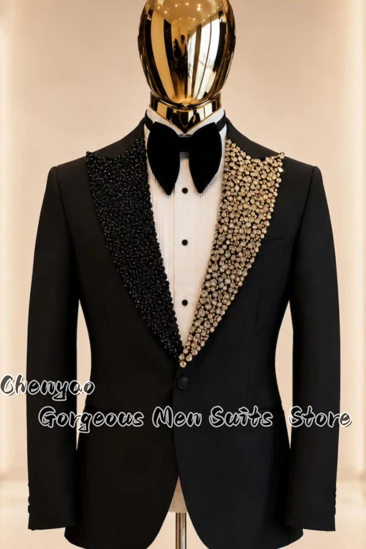 Premium Beaded Rhinestone Embellished Asymmetric Men Suits Customized Slim Groom Tuxedos 2-pcs Male Blazers Themed Formal Suit