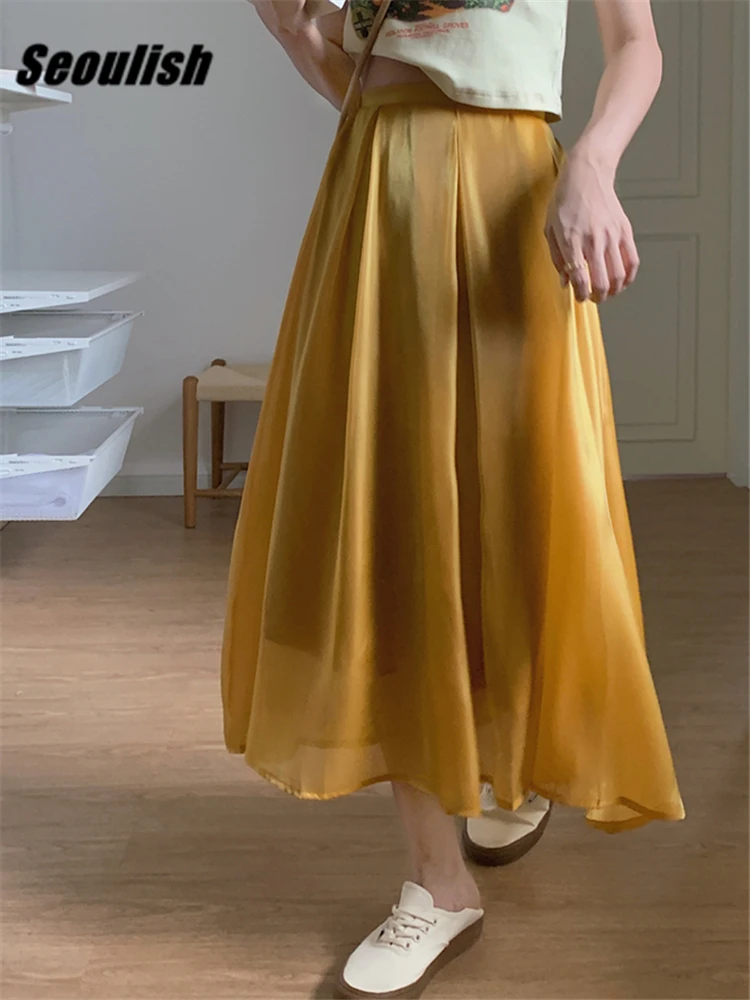 

Seoulish Bling Bling Party Women's Long Skirts 2022 New Summer Autumn Pleated Solid High Waist Straight A-Line Skirts Female
