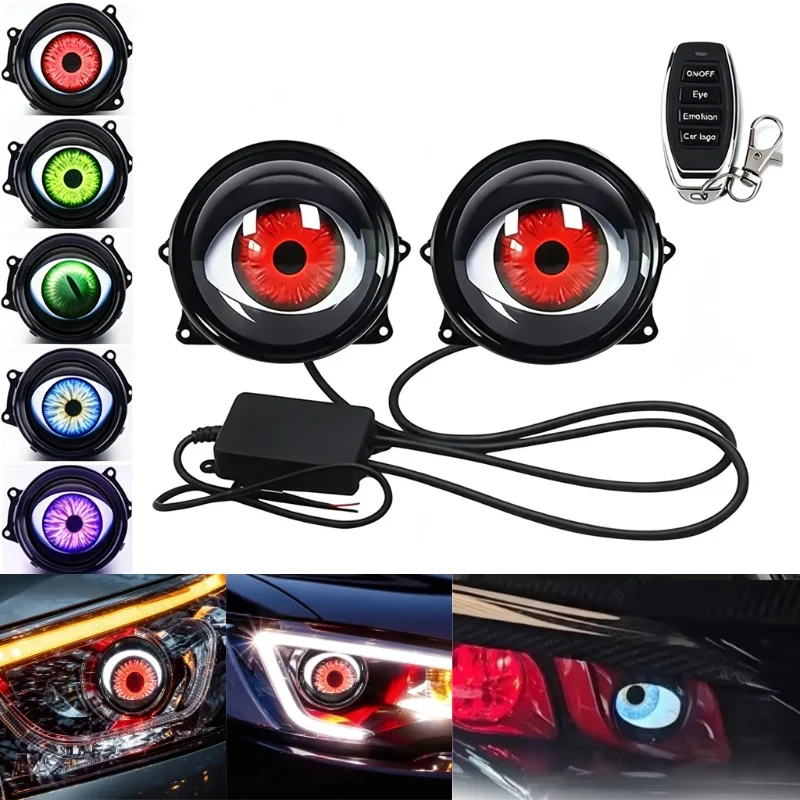 Animated Rolling Demon Eye Headlamp Dynamic LED Car Headlights Wireless Remote Control Multi Color Flashing Car Motorbike Decor
