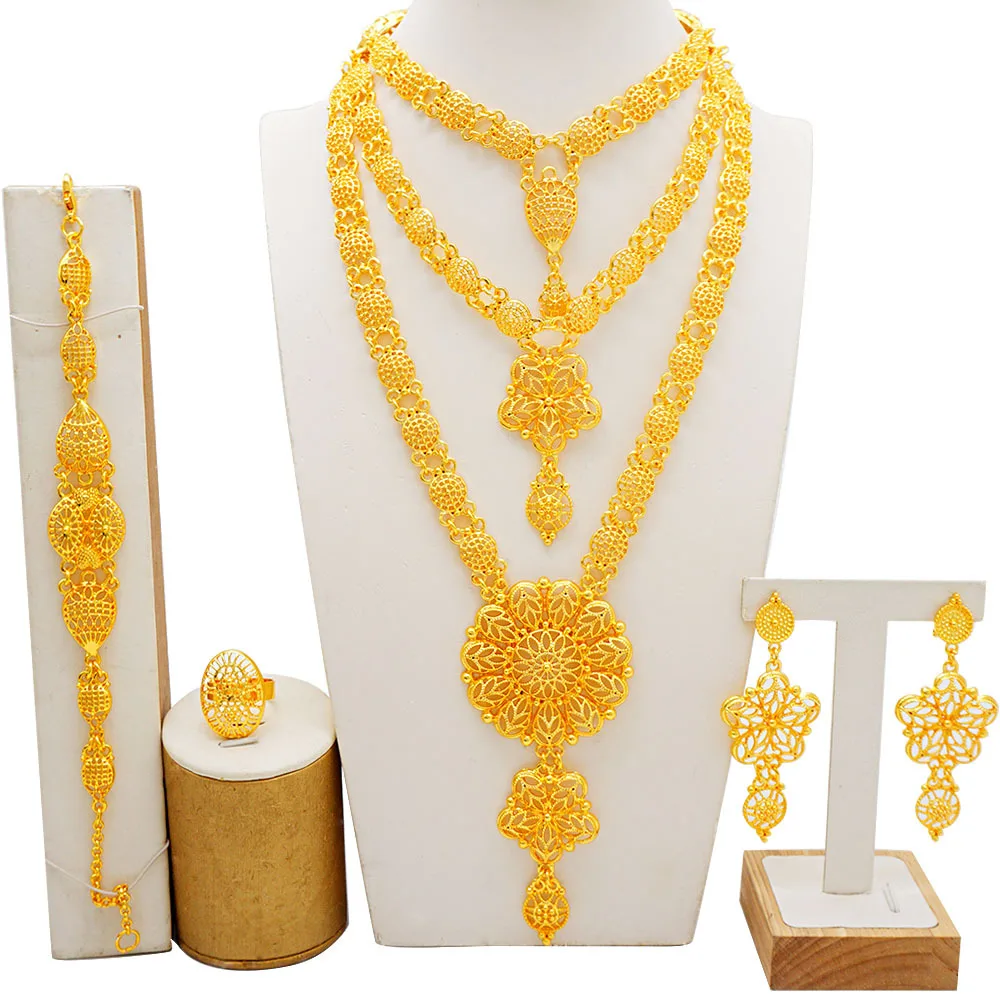 3‑Layer Gold Plated 4Pcs Dubai Middle East Jewelry Set Extra Long Necklace Earrings Bracelet Ring For Women Wedding Banquet