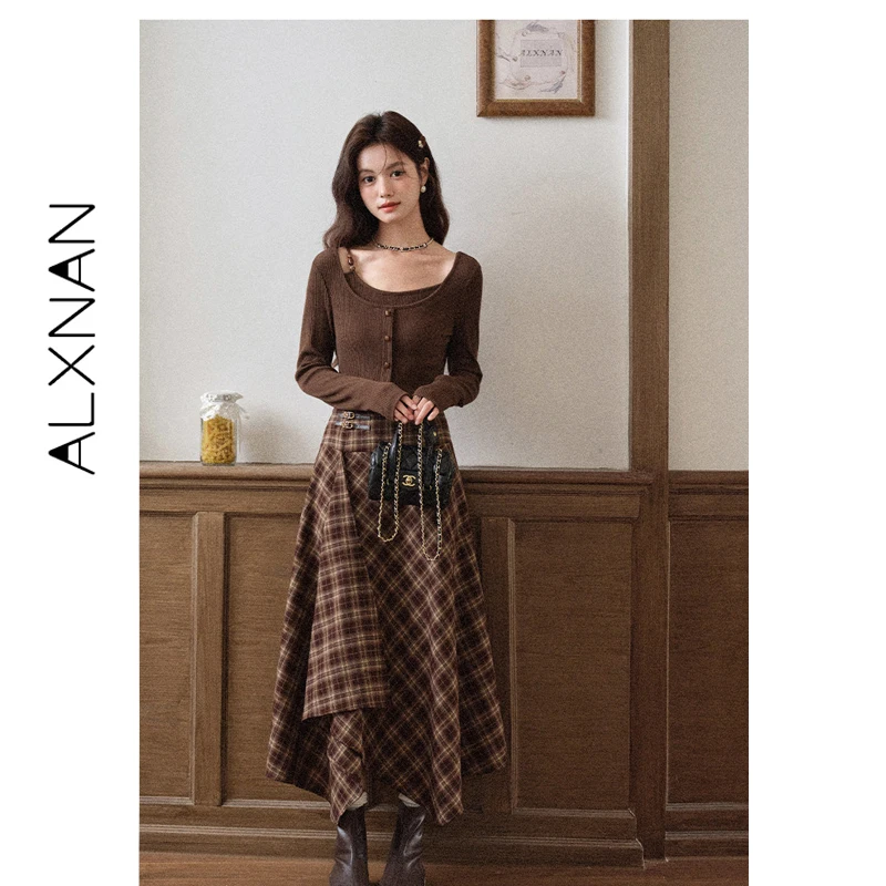 ALXNAN Women's Skirt Vintage Plaid Long Wrap Skirt Trend 2026 Elegant Irregular Hem Checkered Design Sense Midi Skirts L569117