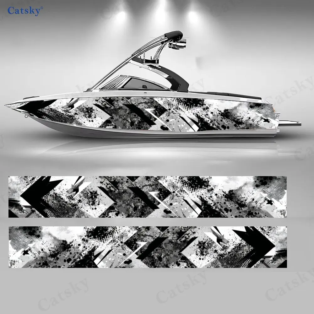 2Pcs Black & White Splash Ink Geometry Boat Stickers, PVC Waterproof Vinyl Wrap Decals for Fishing Boats, Durable Stylish Design
