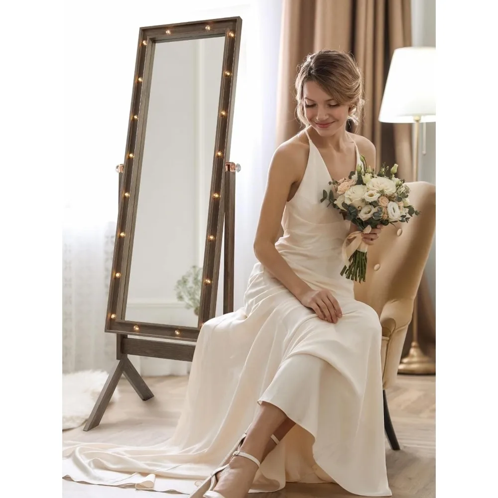 Grote vrijstaande geruite spiegel met verlichting, hoge vloerspiegel voor slaapkamer, rustieke bruine afwerking, volledige lengte spiegel met licht