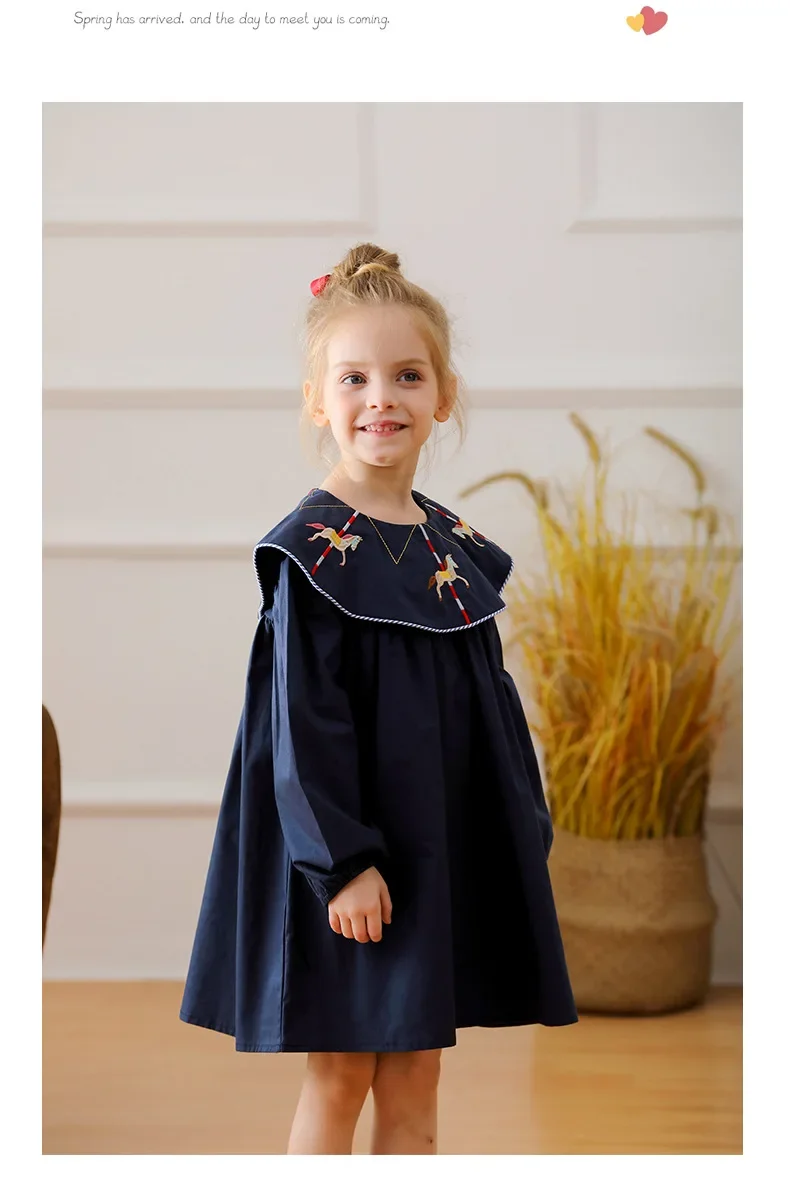 Girls Casual Dresses Carousel Embroidered Lapel Long-sleeved Dress for Girls Wedding Dress Kids Clothes for Girls