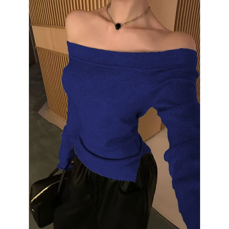 Coreano solido collo inclinato sexy spalle scoperte pullover lavorato a maglia con spacco da donna Top primavera autunno moda versatile maglione sottile sottile