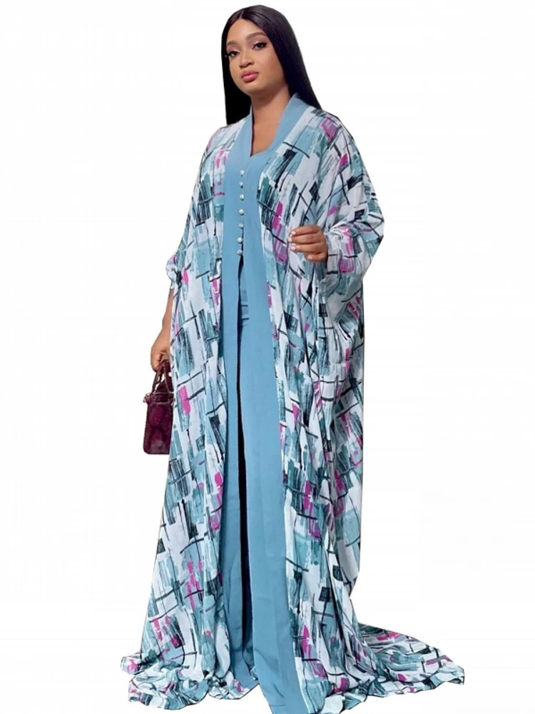 2 Piece Set Dashiki African Women Cardigan Long Trench Tops And Pant Suit Casual Clothes Boho Sexy Two Piece Outfits 2022