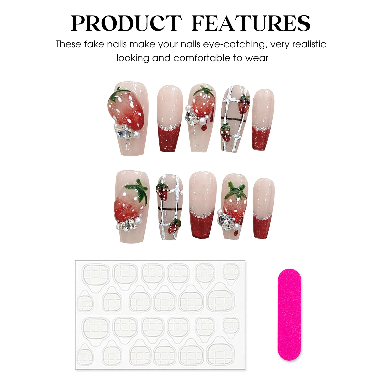 10pcs Handmade Fake Nails Long Red French Tip Press On Nails Ballet Wearable Rhinestones False Nails With 3D Strawberry Decor