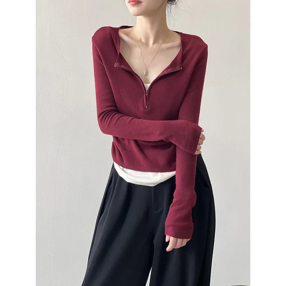 Fake two-piece half-zip pullover T-shirt for women 2024 autumn design bottoming sweater top