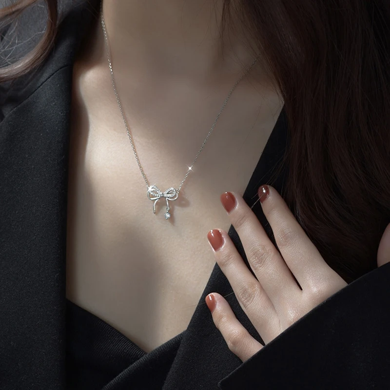 

New 925 Sterling Silver Bow Necklace Personality Charming Women's Pendant Necklace Birthday Gift for Friends Exquisite Jewelry