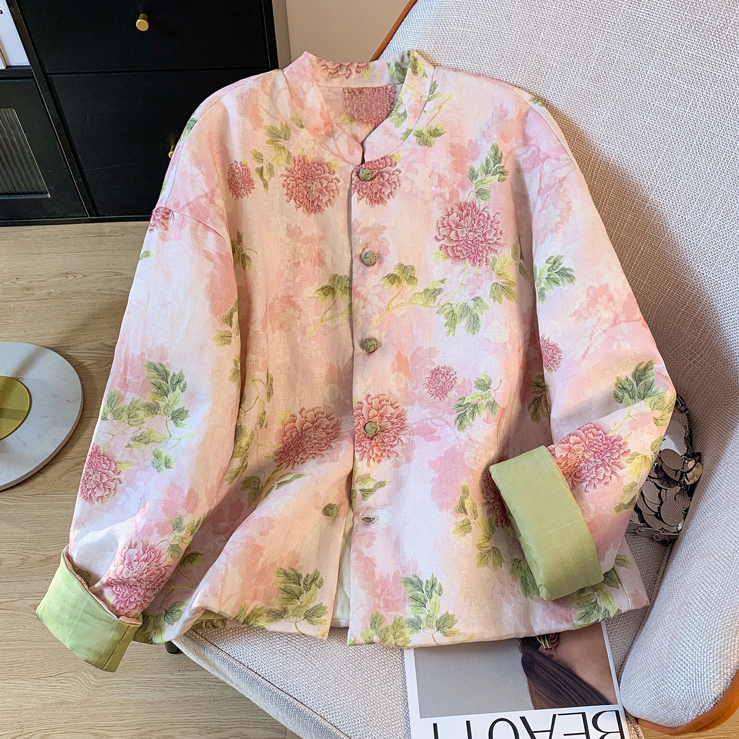 Новое китайское хлопковое пальто с цветочным принтом, женское свободное винтажное легкое хлопковое пальто с воротником-стойкой на осень-зиму