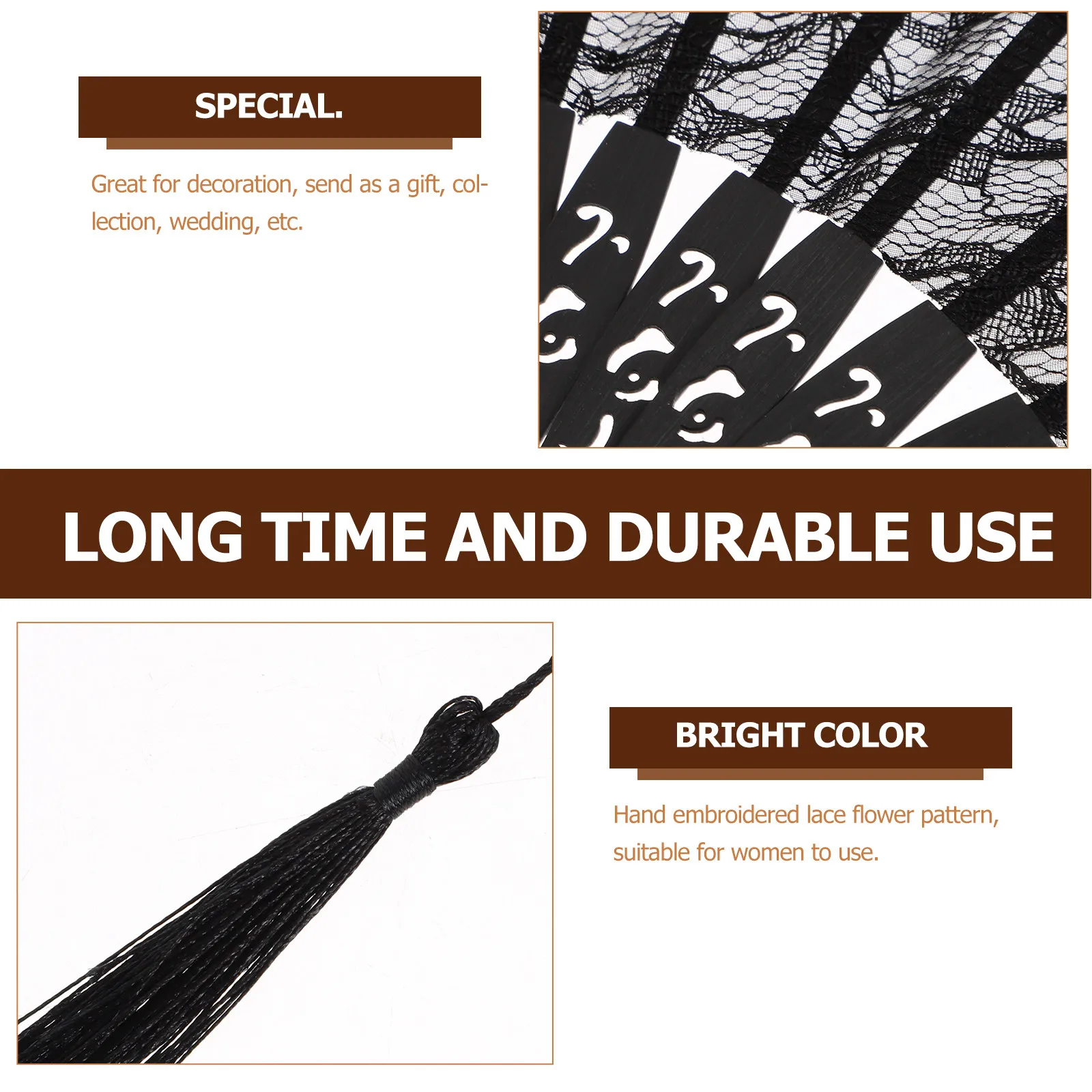 Black Lace Folding Fan Bamboo Hand Embroidered Flower Pattern Tassel Pendant Spanish Victorian Style Wedding Party Decoration