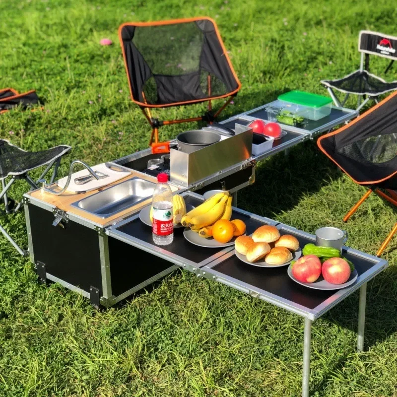 Outdoor Portable Kitchen OEM Camping Picnic Kitchen Storage Box Table Aluminum with Wheels Multi-function Mobile