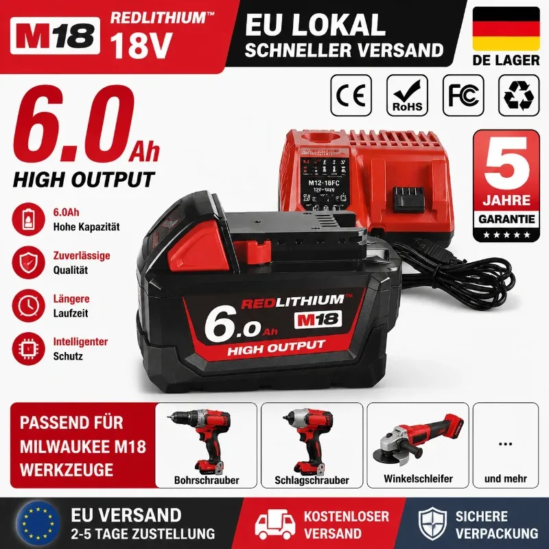 Bateria litowa 18V 6.0Ah 18650 o dużej pojemności, kompatybilna z Milwaukee M18 48-11-1860 / 48-11-1850 / 48-11-1840 – dostawa z magazynu w UE