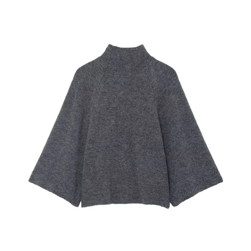 سترة نسائية محبوكة بأكمام واسعة للخريف والشتاء فضفاضة وياقة واقفة بلوفرات غير رسمية بأكمام طويلة ملابس علوية نسائية أنيقة