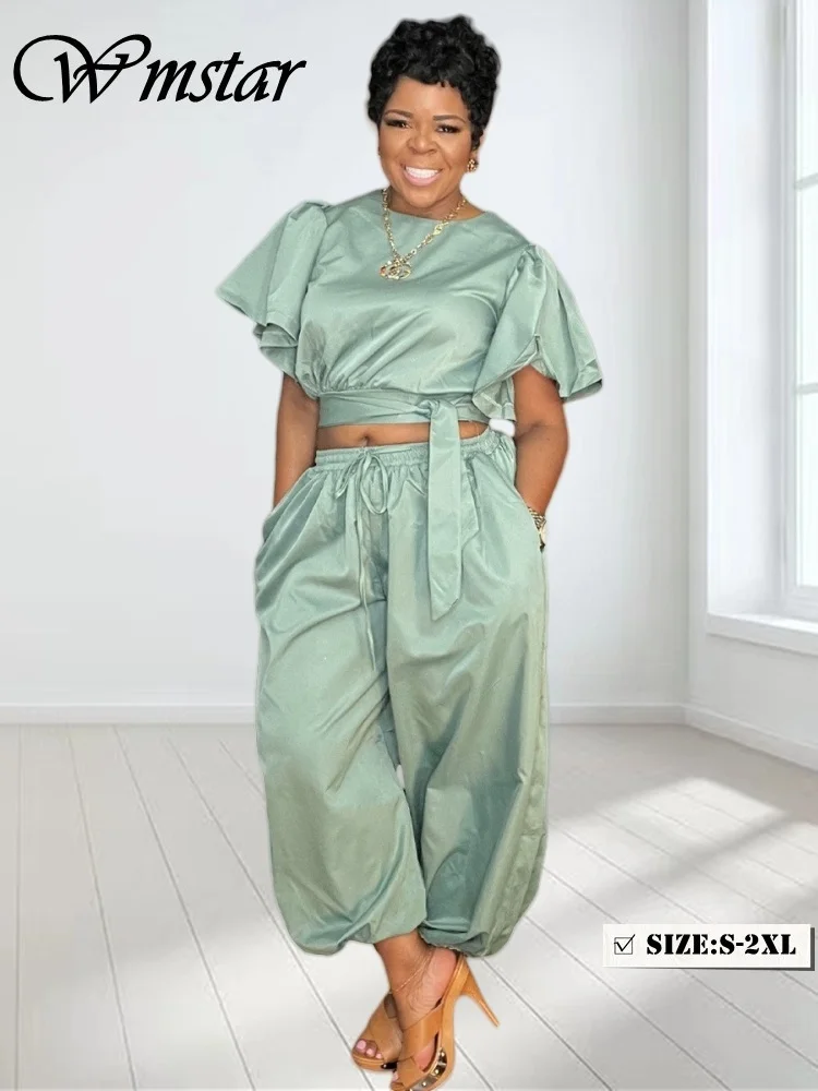

Wmstar Two Piece Outfits Women Wholesale Solid Casual Top and Bandage Pants Sets Wide Leg Elegant Matching Suit New in Summer