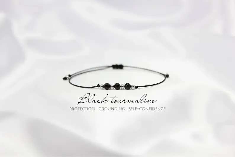 Black Tourmaline Protection Delicate Crystal Bracelet for Men October Birthstone for Women