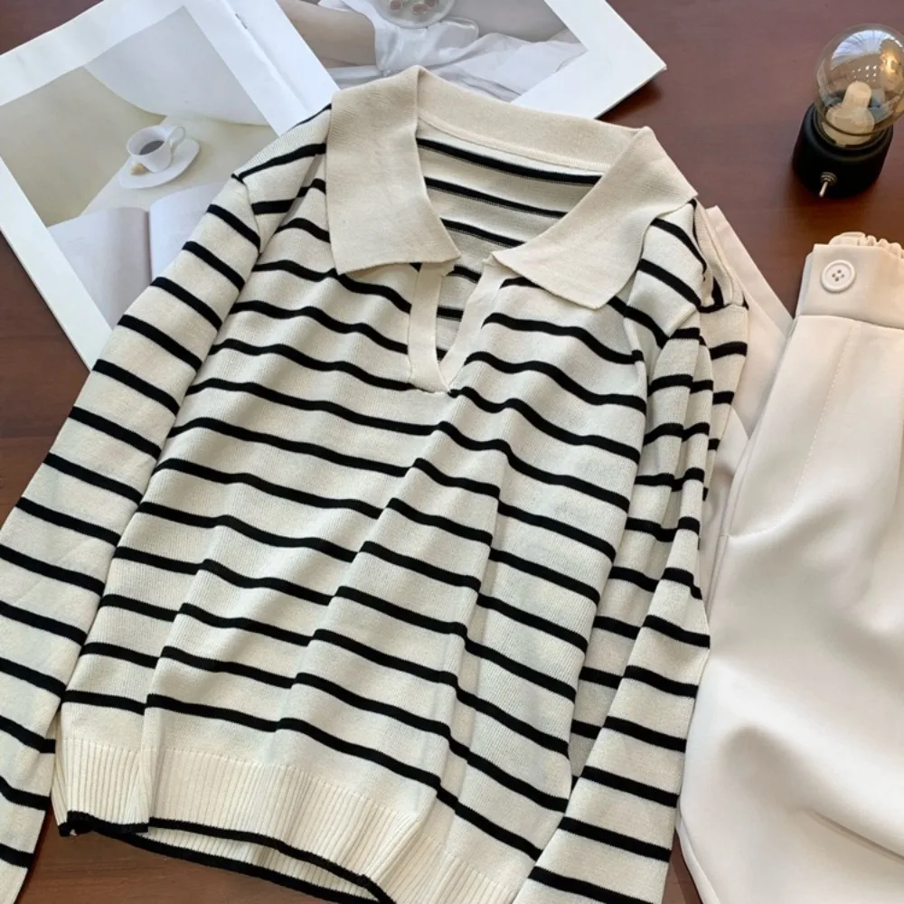 

Simple V-neck Stripe Long Sleeve Top Slim Fit Thin Y2k Patchwork Knitwear Pullover Lapel Stripe T-Shirt Autumn Spring