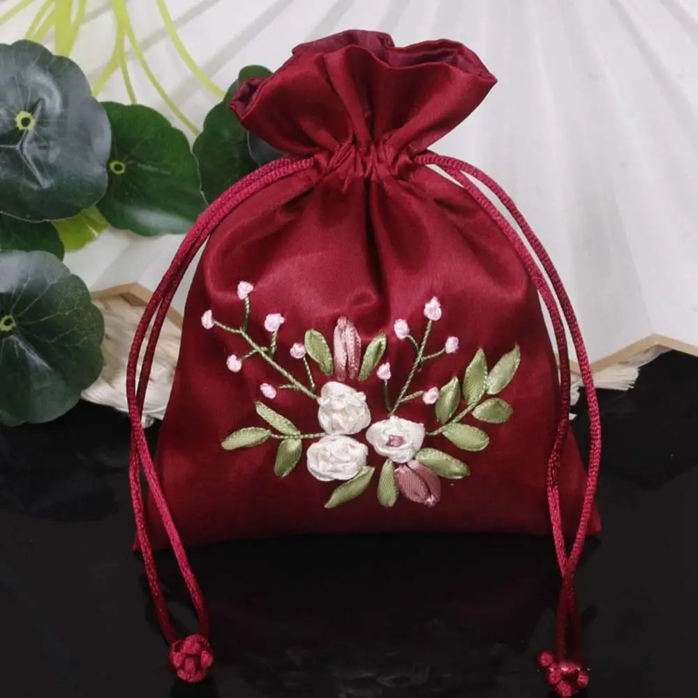 Bolsa pequeña con cordón para guardar dulces, bolsa de almacenamiento con bordado de flores, Perfume, especias, hierbas fragantes, monedero