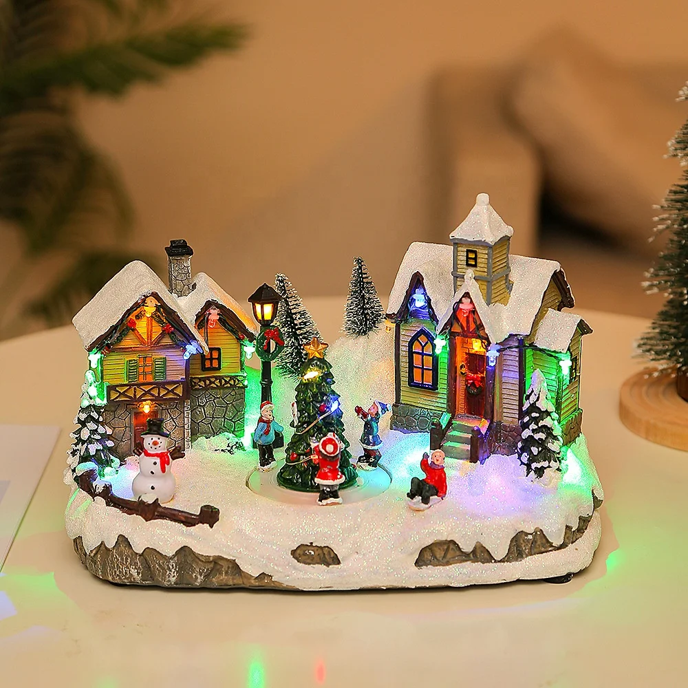 LED Luminous Resin Christmas Music Box Snow House Christmas Desktop Ornaments Decorations Xmas Supplier