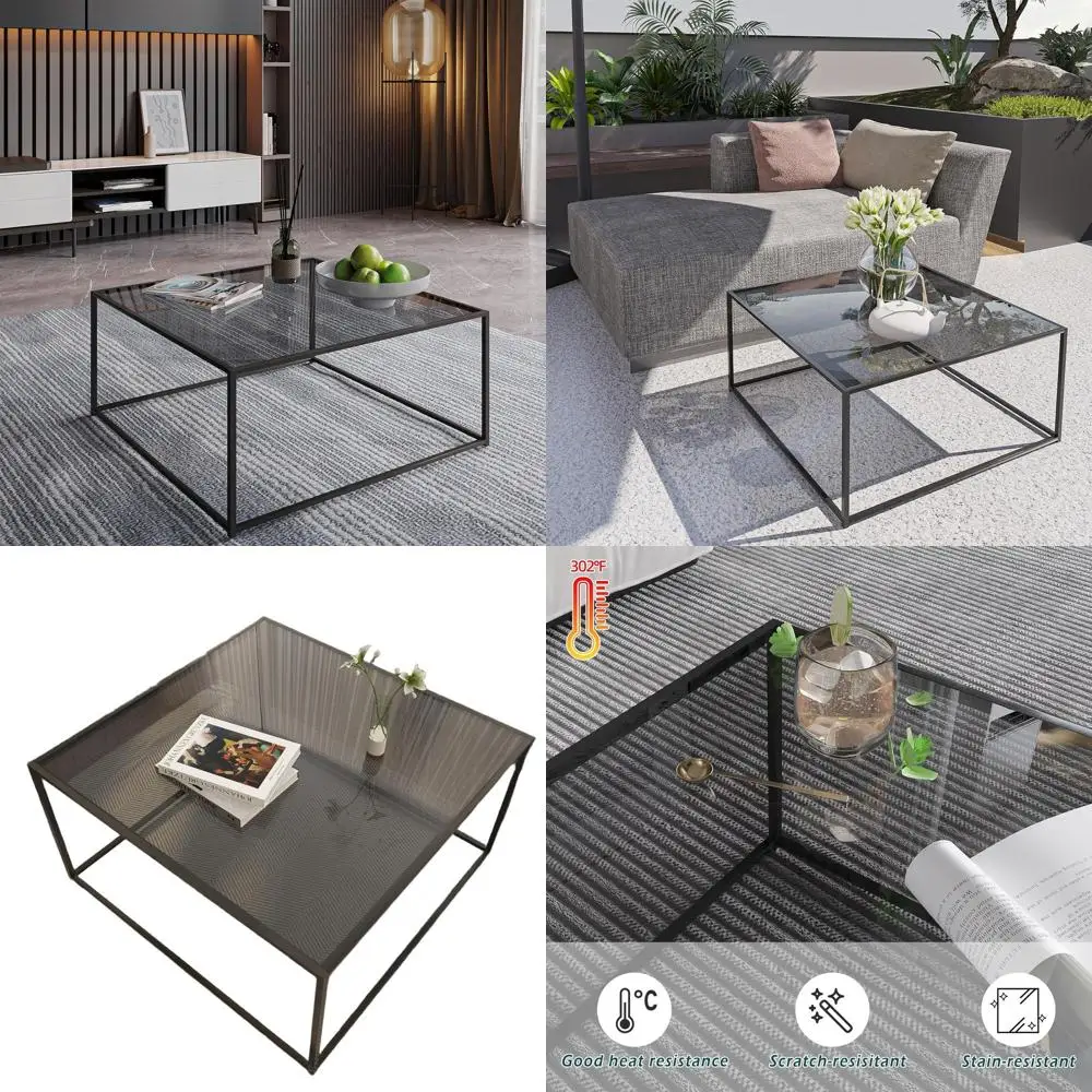 طاولة قهوة زجاجية مربعة حديثة لمساحات المعيشة الصغيرة، إطار معدني، سهلة التجميع، 26.4 × 26.4 × 15.7 بوصة، رمادي أسود #1