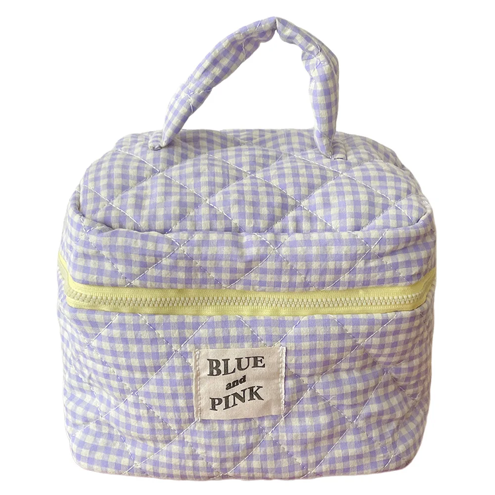 Women Checkered Makeup Bag Fashion Sweet Cotton Makeup Brushes Storage Bag Cute Clutch Handbag Travel Toiletry Bag Practical Bag