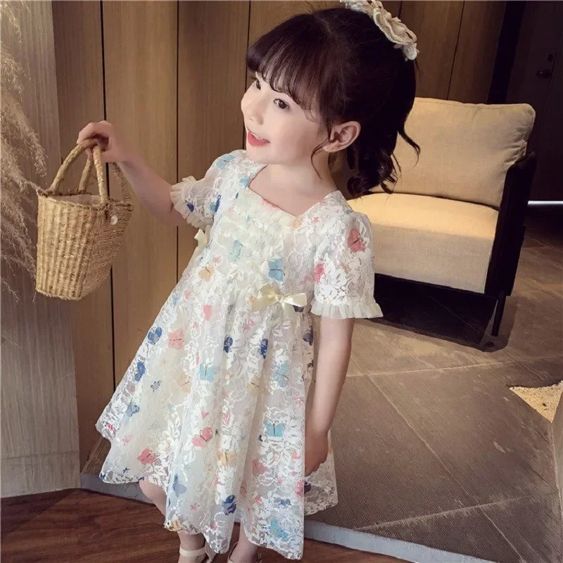 Cute Summer Princess Wedding Ball Birthday Party Clothes Girl Lace Butterfly Printing White Pink Dress Children 1-8 Year Old New