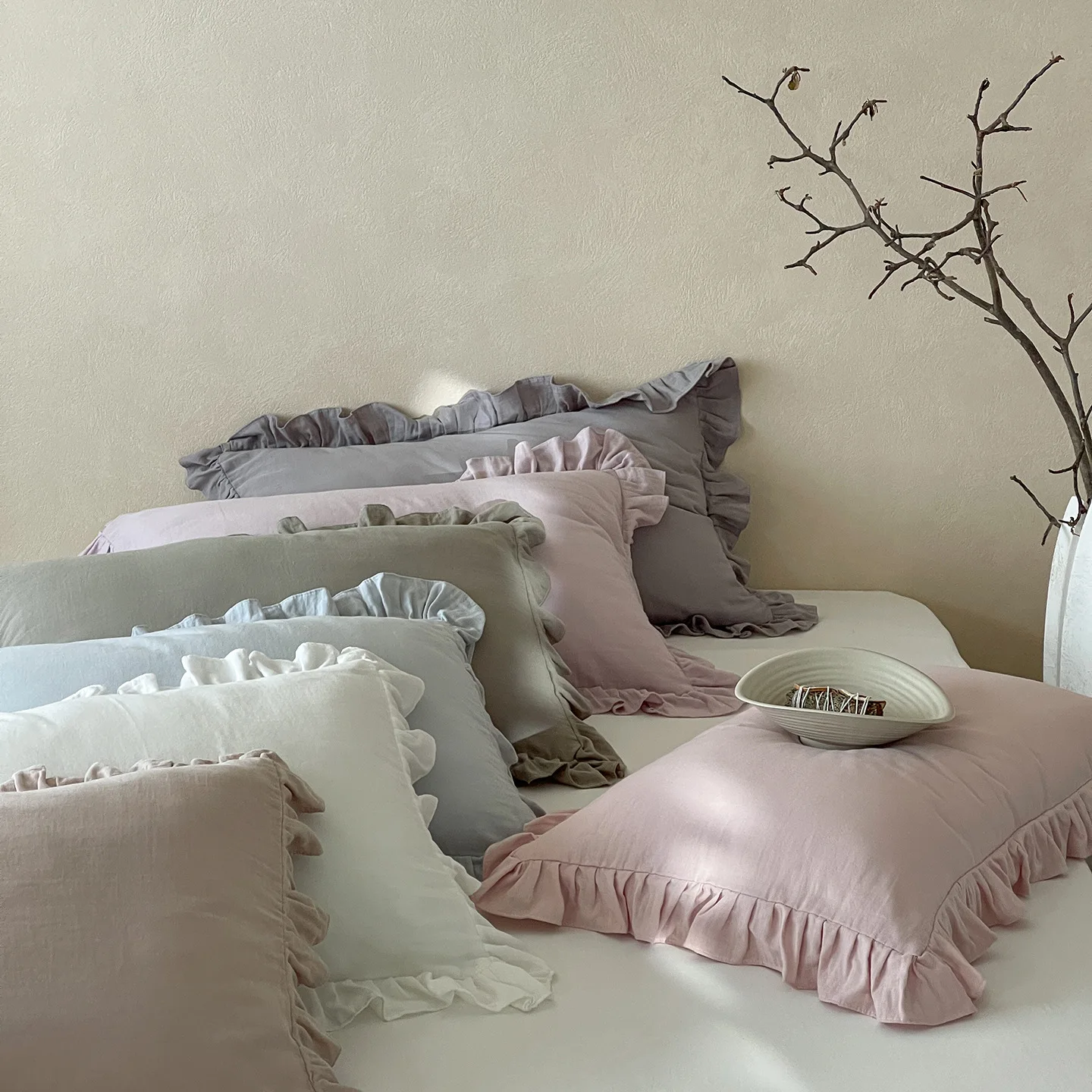 2PCS Cotton Pillowcase Solid Color Ruffle Edge Cushion Cover Decorative Soft And Breathable Rectangle Durable Fabric Bedding