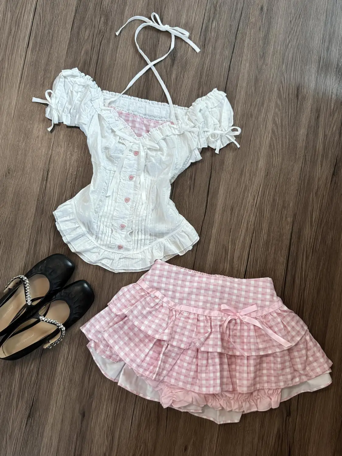 

Crop Top Summer Short Sleeved Shirt Pink Plaid Cake Skirt Sets Two Piece Sets Womens Outifits White Blusa Платье