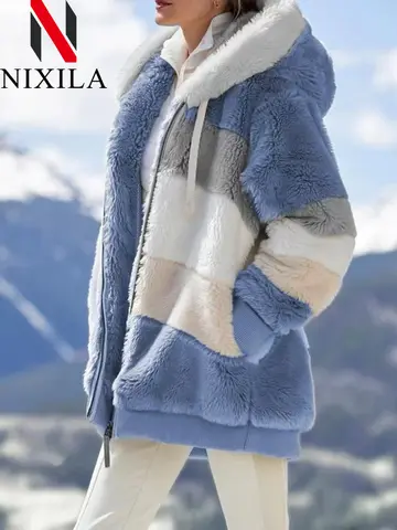 New in Autumn Winter knit Warm Plush Zipper Pocket Hooded Loose Jacket Women Hoodie Oversize Coats Hoodies Sweatshirt Clothes