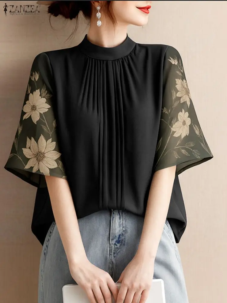 Elegant Office Women Blouse ZANZEA Summer Shirt Woman Stand Neck Short Sleeve Tunic Tops Stylish Floral Print Blusas Mujer Femme