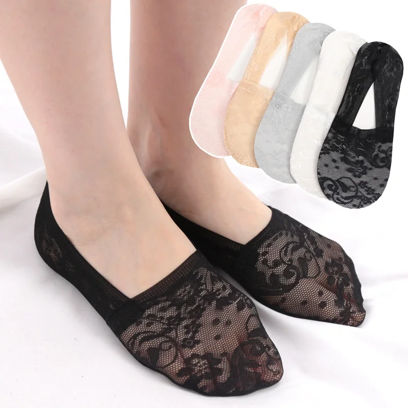 

3 Pairs Women Girls Summer Thin Breathable Silicone Non-slip Ladies Socks Lace Flower Short Sock Antiskid Invisible Ankle Socks