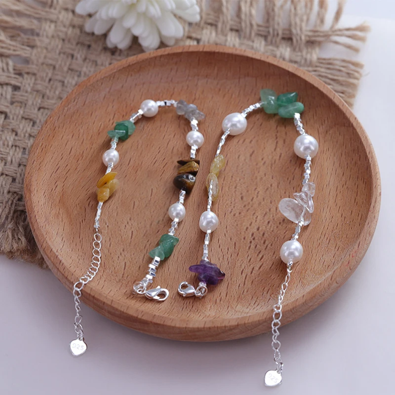 

100% 925 Sterling Silver Natural Pearl Crystal Irregular Elastic Colorful Stone DIY Beads Bracelet For Women Birthday Gift